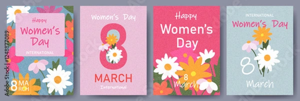 Fototapeta Set of spring posters or cards for Women's Day March 8 with wild flowers. Hand drawn floral frames and templates for spring holidays.