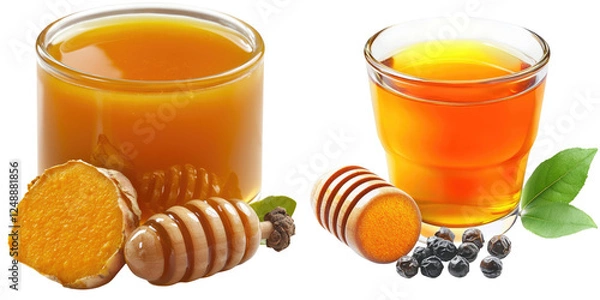 Fototapeta A close-up of honeycomb and jars of natural honey, showcasing rich colors and textures, perfect for food-related themes.