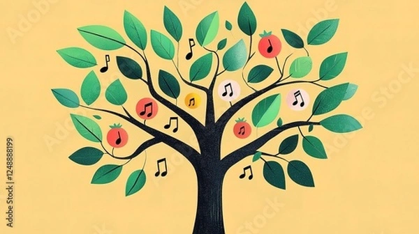 Fototapeta A colorful tree with green leaves and musical notes, adorned with red and yellow fruits against a bright yellow background.