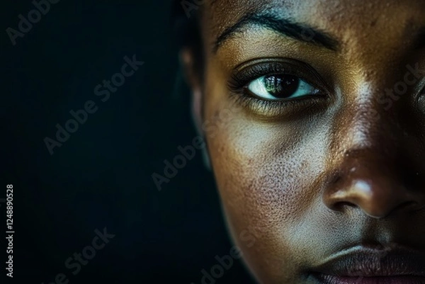 Fototapeta Close-up portrait of a woman showcasing expressive eyes and textured skin under soft lighting in a dark setting