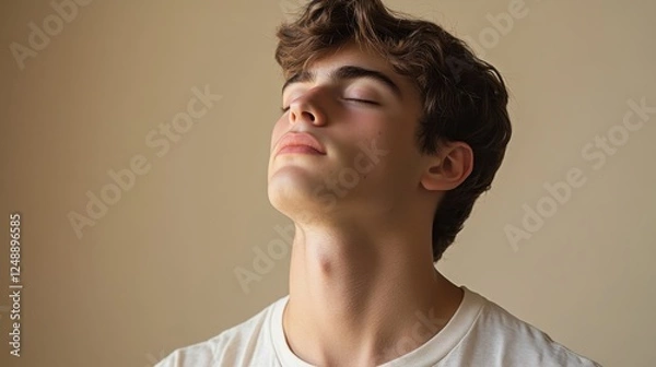 Fototapeta Young man practicing deep breathing exercise with eyes closed in a calm and serene environment