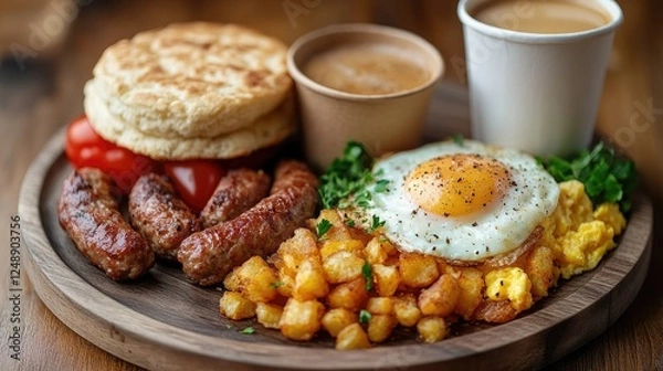 Fototapeta Delicious breakfast platter featuring sausages, eggs, and potatoes on a wooden table