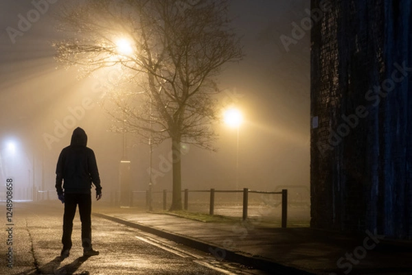 Obraz A sinister hooded figure, standing on a empty city road. On a mysterious foggy night. Silhouetted by street lights