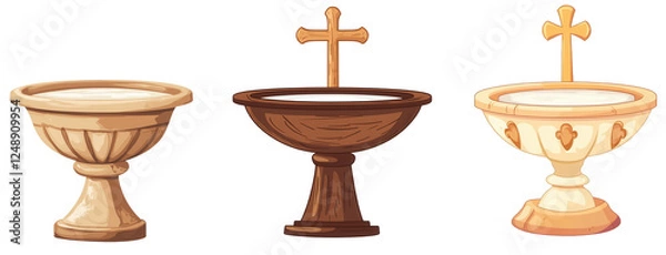 Fototapeta Illustration of three decorative baptismal fonts in varying styles, isolated on transparent or white background