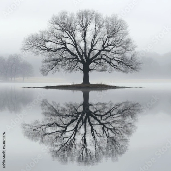 Obraz Reflection of a tree in calm water with a clear sky and copy space for nature photography