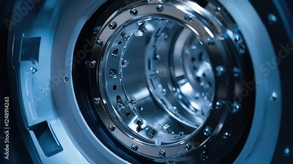 Fototapeta Close up view of a complex metallic machine part with intricate circular design, showcasing precision engineering and industrial craftsmanship under cool blue lighting