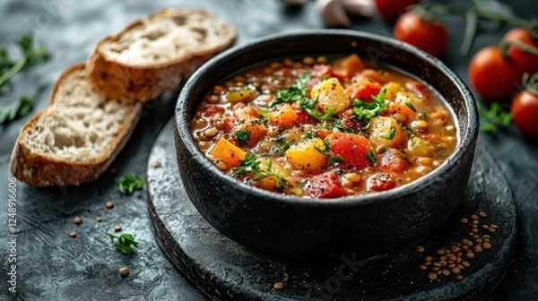 Fototapeta Hearty lentil soup with diced vegetables and fresh herbs, served in a black rustic bowl with crusty bread on a dark textured background