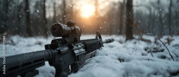 Fototapeta A rifle rests quietly in snow-covered woods, set against a backdrop of a serene sunrise, blending power with the tranquility of nature.