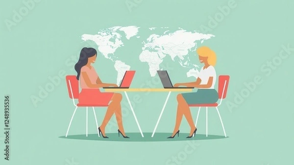 Fototapeta Two Women Working on Laptops in Modern Office Setting