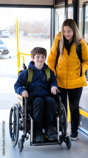Fototapeta young boy in wheelchair, assisted by smiling woman, boards bus using wheelchair lift, showcasing accessibility and inclusion.