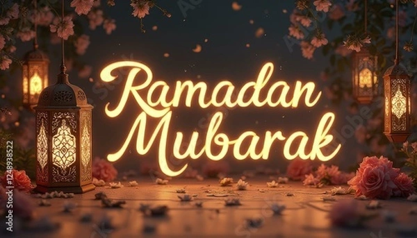 Fototapeta Romantic Lanterns and Ramadan Mubarak Neon Sign with Pink Roses