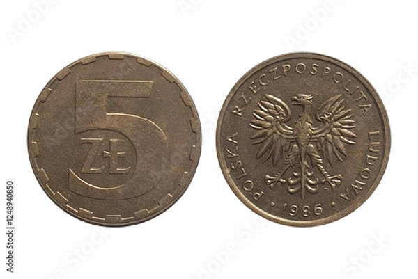 Obraz Coin 5 Zlotys 1986. Coin of Poland. Coin 5 zlotys 1986 Obverse and Reverse on white background