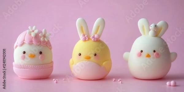 Fototapeta Three colorful plastic Easter eggs adorned with bunny ears and bows, perfect for festive decorations and holiday celebrations.