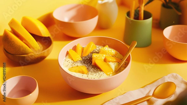 Obraz A cozy breakfast setup featuring a yogurt bowl with fresh mango slices and chia seeds, surrounded by pastel-colored bowls and props.