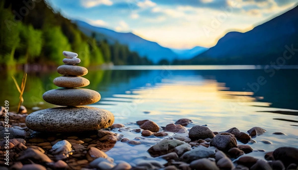 Obraz Natural smooth stones stacked in a balanced arrangement, on the shore of a calm summer mountain lake, for a meditative, relaxation purposes