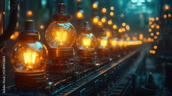 Fototapeta Steampunk Contraption Producing Glowing Bulbs on Conveyor Belt Symbolizing Mass Creation of Innovative Ideas