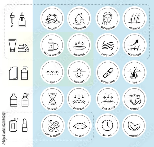 Obraz Coconut cosmetic for skin and hair icon set. The outline icons are well scalable and editable. Contrasting elements are good for different backgrounds. EPS10.	