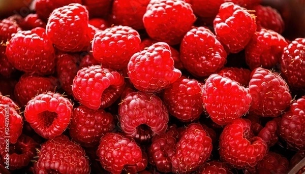 Fototapeta Freshly picked raspberries displayed in a vibrant arrangement at a local market
