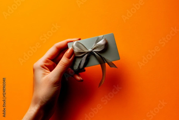 Fototapeta A woman's hand with elegant nude nails holds a stylish gift card wrapped with a delicate silver ribbon against a warm orange background, symbolizing premium gifting, elegance.