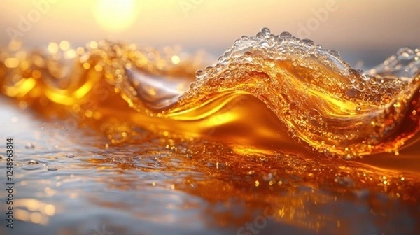 Fototapeta Golden sunset wave, ocean surface, close-up, background bokeh, liquid texture