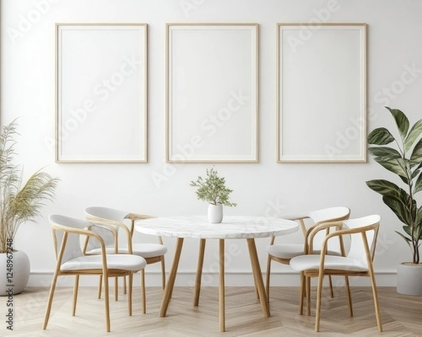 Fototapeta Minimalist Dining Area with Round Marble Table and White Chairs