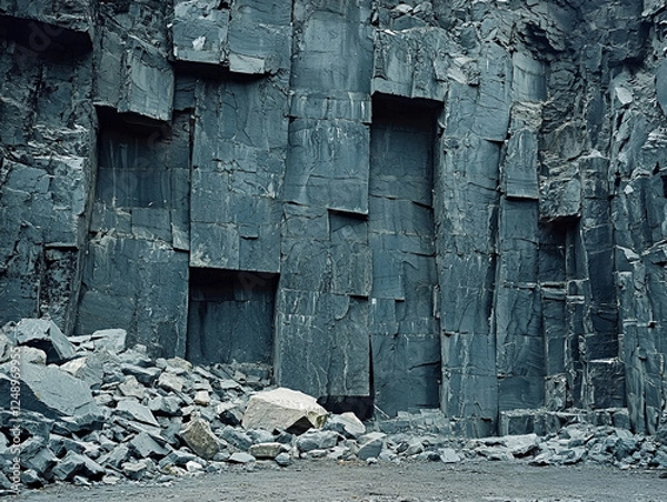 Fototapeta Ancient stone quarry with geometric carved wall pattern in dark granite rock formation