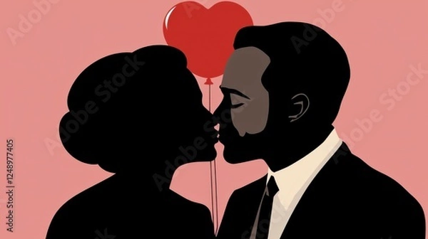 Obraz Silhouette Couple Kissing With Red Balloons