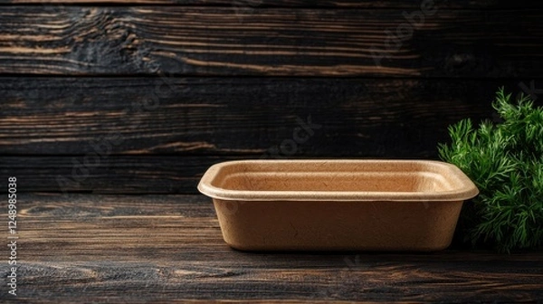 Fototapeta Eco-Friendly Biodegradable Food Container Made From Plant-Based Material on Rustic Background