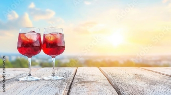 Obraz Two Wine Glasses With Ice Cubes On Wooden Table Against City Sunset