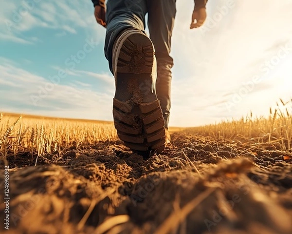 Fototapeta Walking boot traversing dry earth in a wheat field