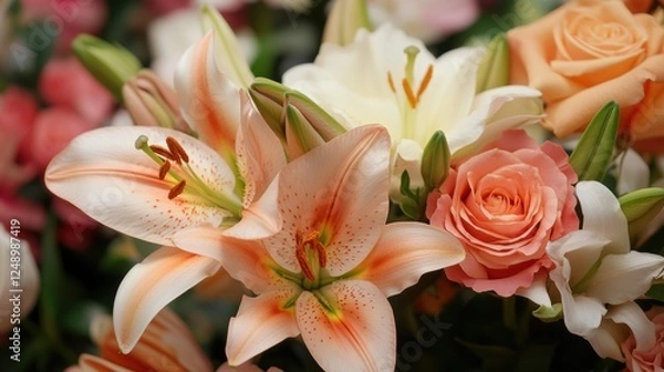 Fototapeta Vibrant lily and rose bouquet in soft pastel tones with lush greenery