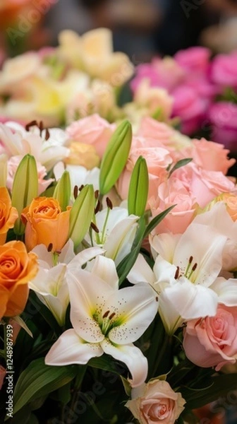 Fototapeta Vibrant spring bouquet with colorful roses and lilies in full bloom