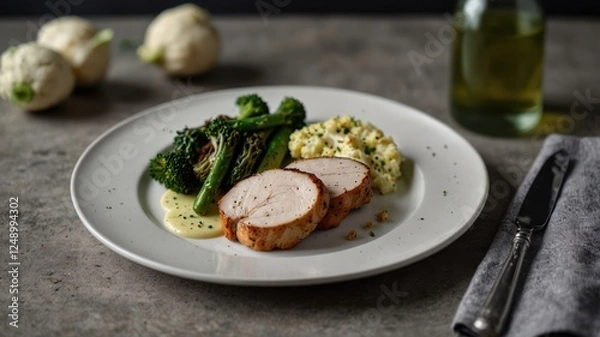 Obraz Elegant plate featuring tender meat slices, vibrant green broccoli, and creamy cauliflower mash.