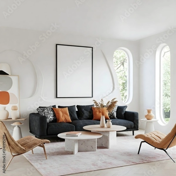Fototapeta Frame mockup, ISO A paper size. Living room wall poster mockup. Interior mockup with house background. Modern interior design. 3D render