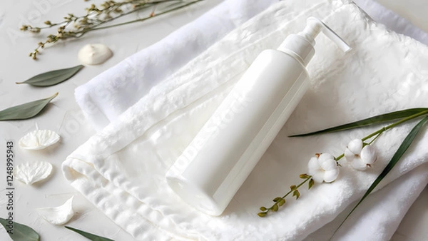 Fototapeta Clean White Lotion Bottle Product Photo - Minimalist E-commerce Background.
