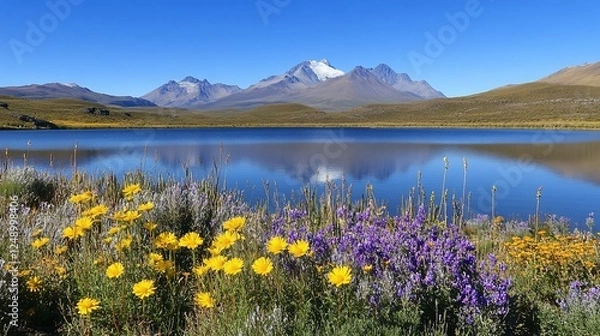 Fototapeta Andean lake, wildflowers, mountain reflection, postcard