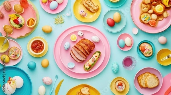 Fototapeta Easter feast setup with traditional foods like ham, boiled eggs, and bread, styled on a vibrant spring-themed dining table.