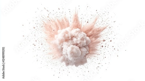 Fototapeta Tank shell impact explosion, dynamic burst of dust and flames, isolated on a white backdrop, vividly illustrating the intensity of military conflict and destruction.