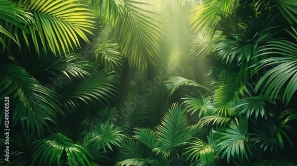 Fototapeta Lush tropical rainforest sunlight, vibrant green foliage background, nature scene, travel