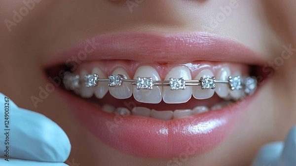 Fototapeta Close-Up of Braces on Upper Teeth with Dental Gloves