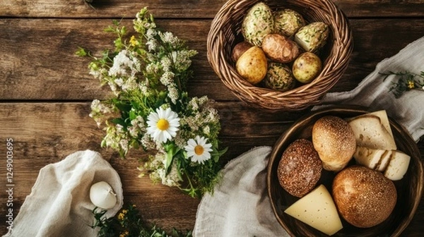 Fototapeta Flat lay of a Shavuot-themed table with a basket of fruits, cheese, and fresh flowers on a wooden background.