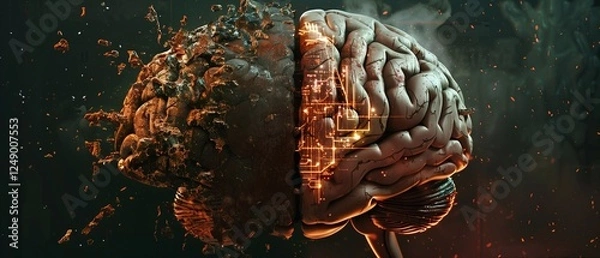Obraz This is a striking image of a human brain that has been digitally manipulated to appear split, with one half seemingly "exploding" or disintegrating. 