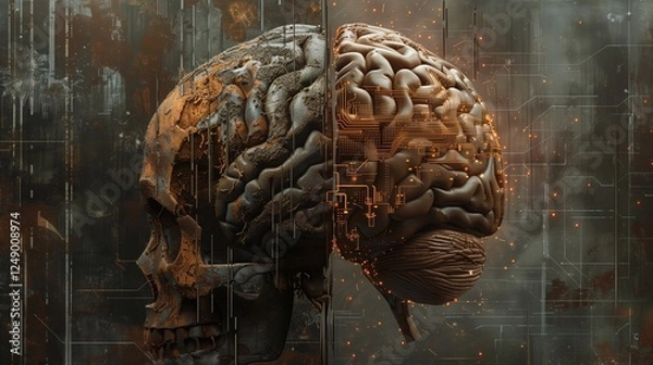 Fototapeta The brain's surface has a rough, textured look, with a mix of dark, rusty browns and grays. This suggests the use of iron or steel that has been exposed to the elements, giving it an aged.