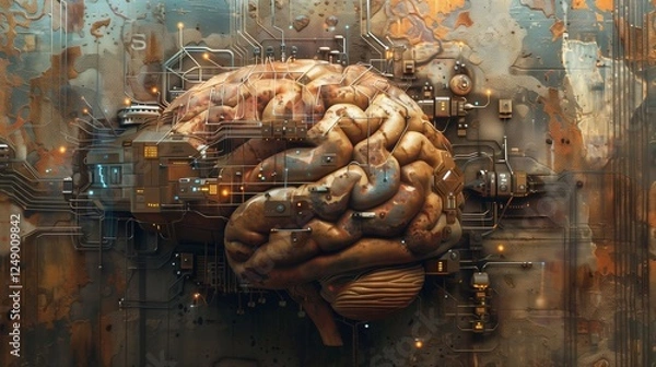Obraz A 3D image of the human brain combines science fiction and reality. The complex network of interconnected lines suggests a world driven by technology and innovation.