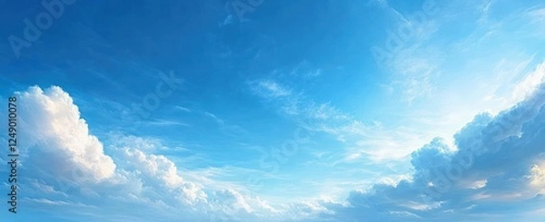 Obraz serene panorama blue sky with fluffy clouds and warm sunlight in a peaceful summer landscape