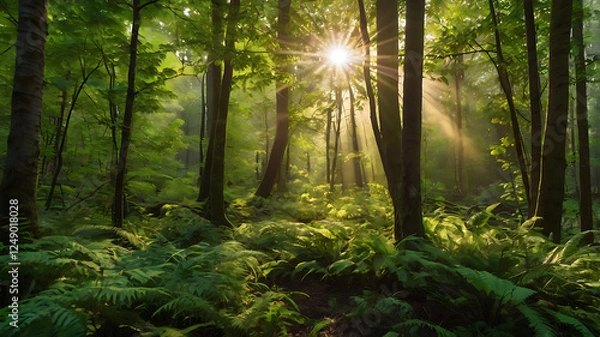 Fototapeta Lush green forest with sunlight streaming through the trees, highlighting the Earth Day theme of environmental preservation and natural beauty.