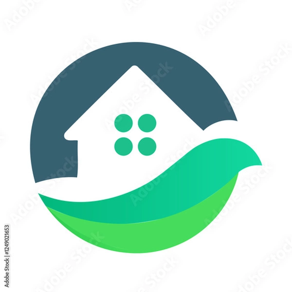Fototapeta The design shows a house silhouette over waves, symbolizing construction, cleaning, and ecology.
