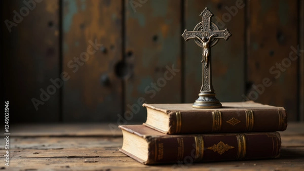 Fototapeta A cross stands atop a stack of old books, symbolizing faith and knowledge.