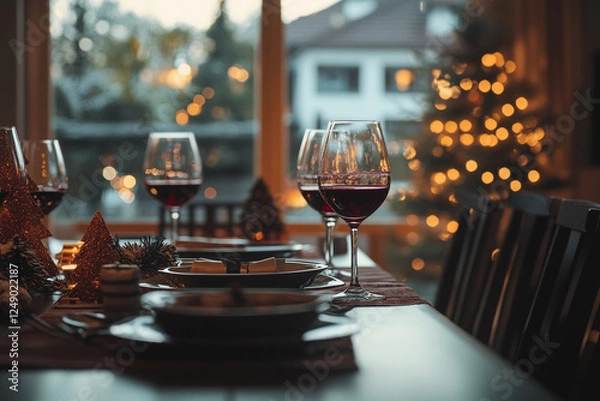 Fototapeta Christmas table setting with red wine