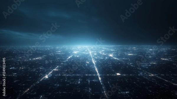 Fototapeta City lights create a mesmerizing glow against the dark night sky, forming a grid pattern that stretches as far as the eye can see, showcasing the vast urban landscape below